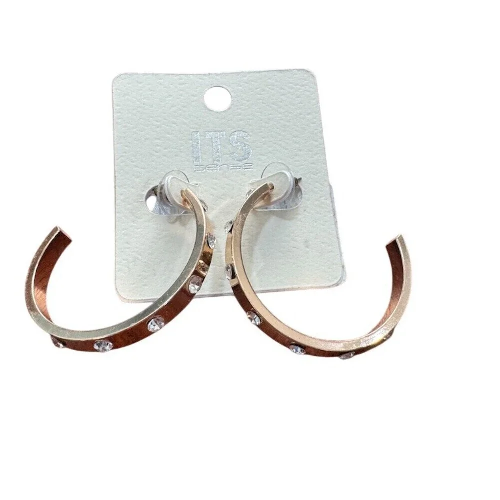 ITS Sense Earrings Rose Gold Tone Clear Rhinestone Half Hoop Open Circle